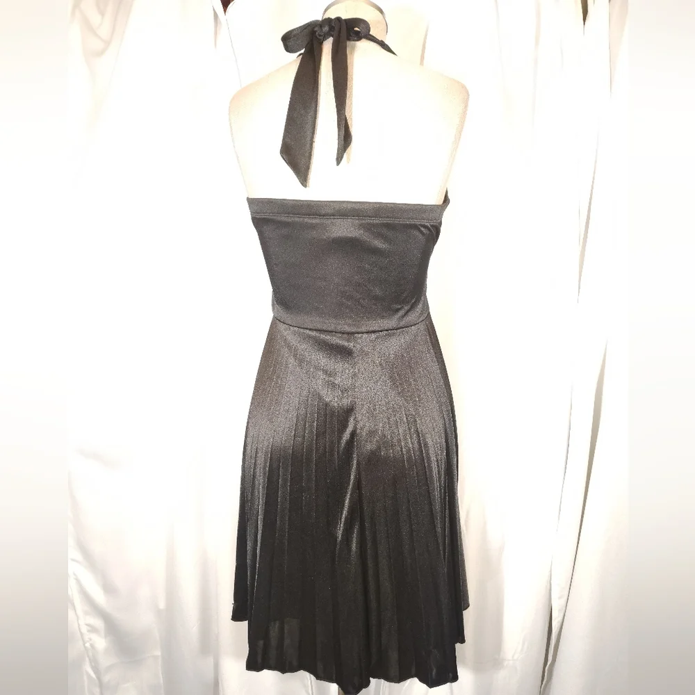 Satin Halter Formal Midi Dress,Tie Pleated Skirt, Empire Waist, Black, S